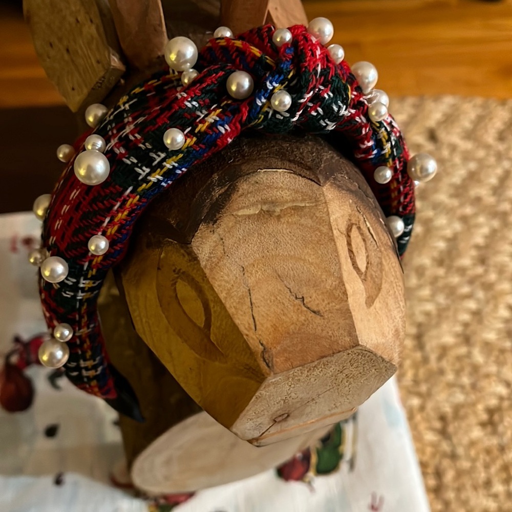 Tartan top knot plaid headband with pearls